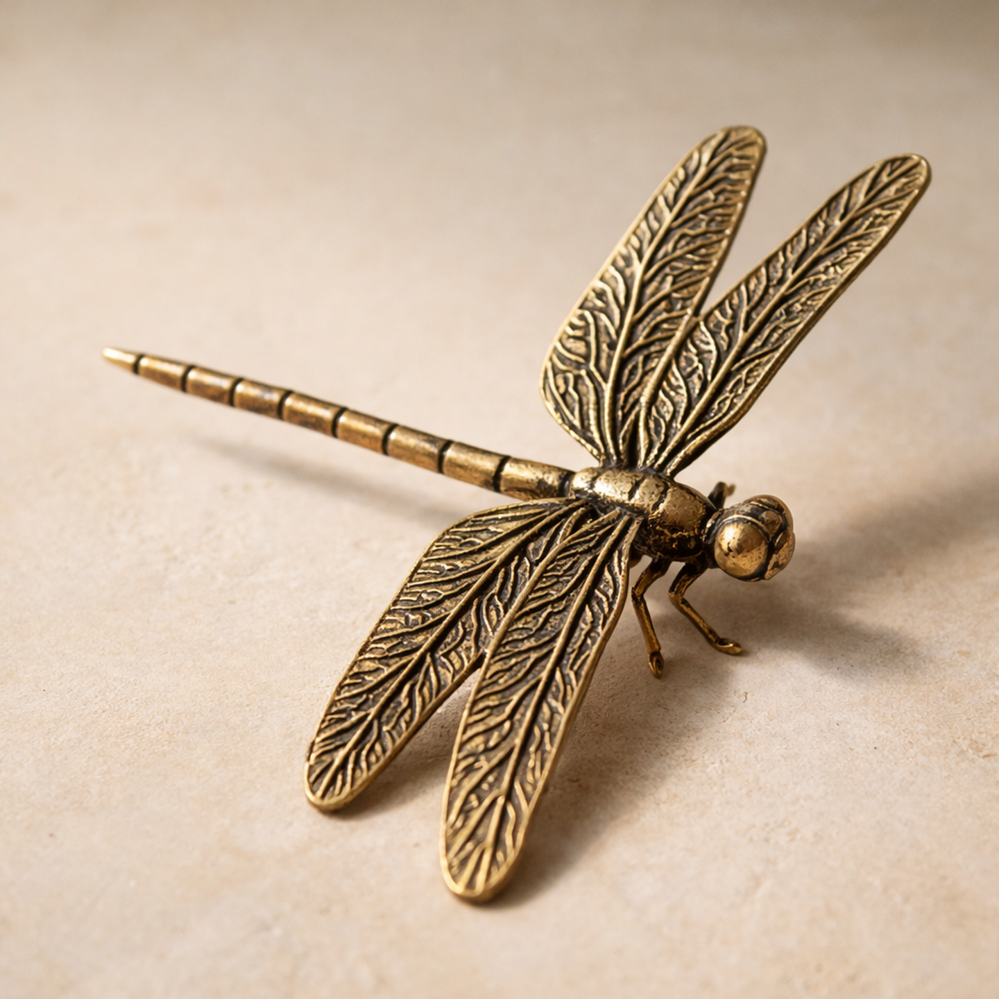 Reed brass dragonfly figurine on warm cream plaster, wings raised, antique brass patina