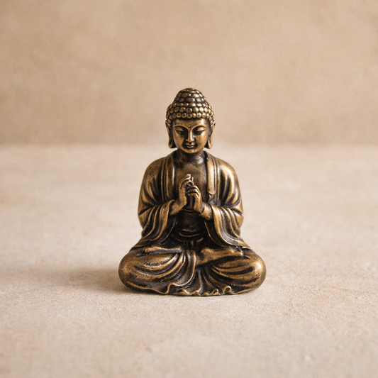 Repose antiqued cast brass seated Buddha figure on warm cream plaster