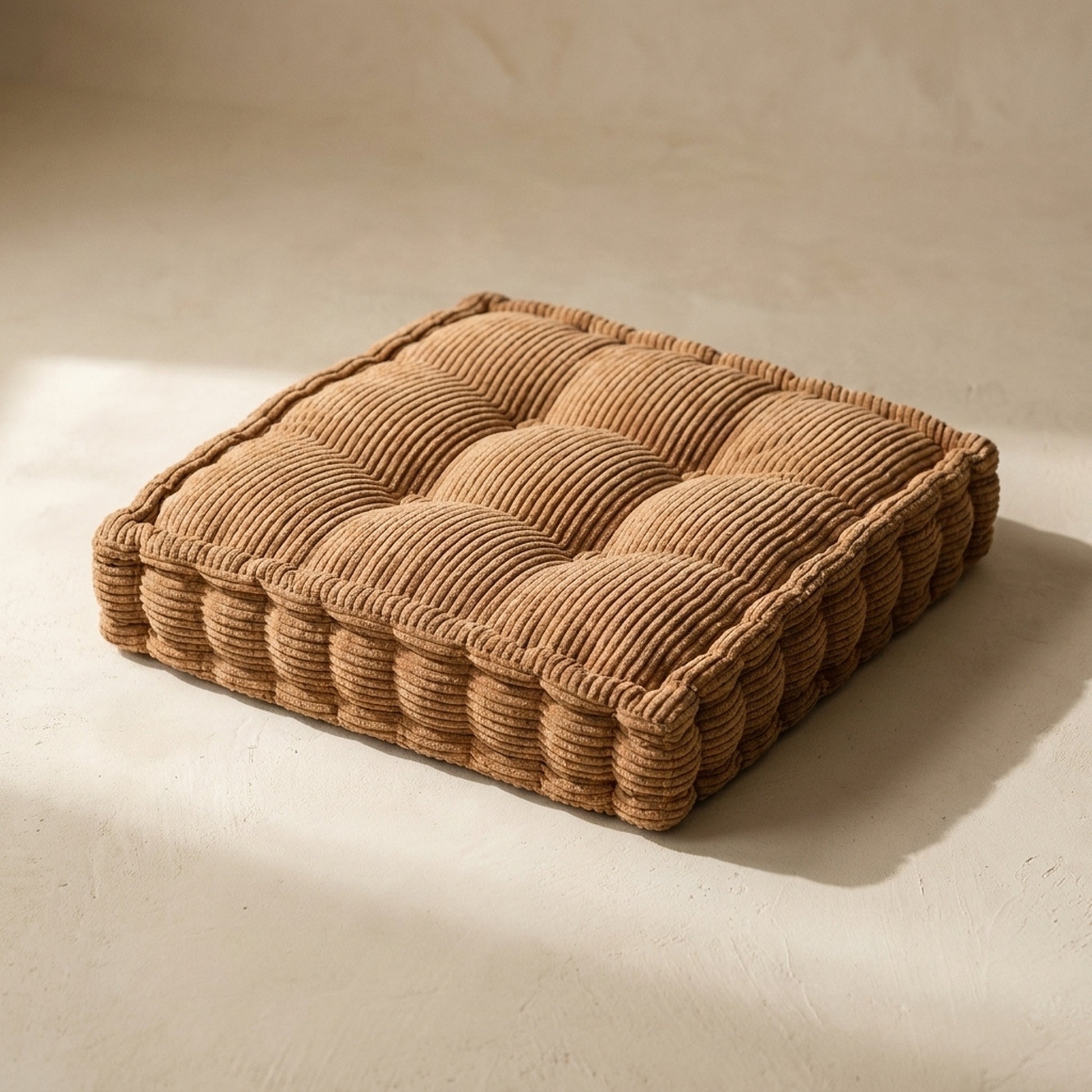 Settle™ Tufted Floor Cushion in warm walnut jumbo corduroy on a warm-cream plaster background