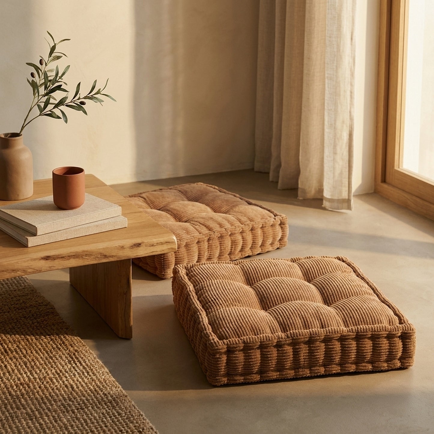 Two walnut Settle floor cushions beside a low live-edge oak table on a warm microcement floor