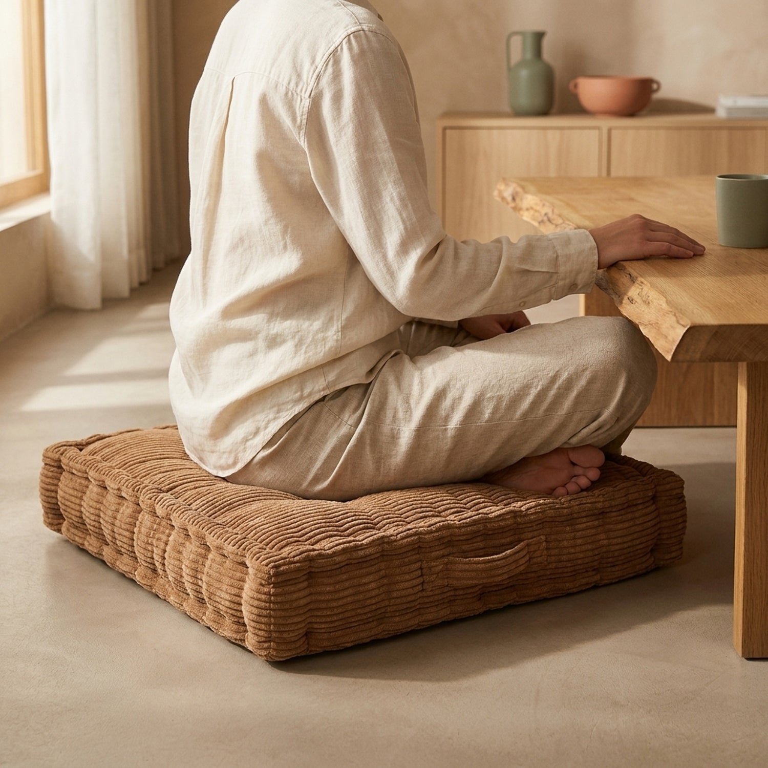 Person sitting cross-legged on the Settle floor cushion at a low oak table