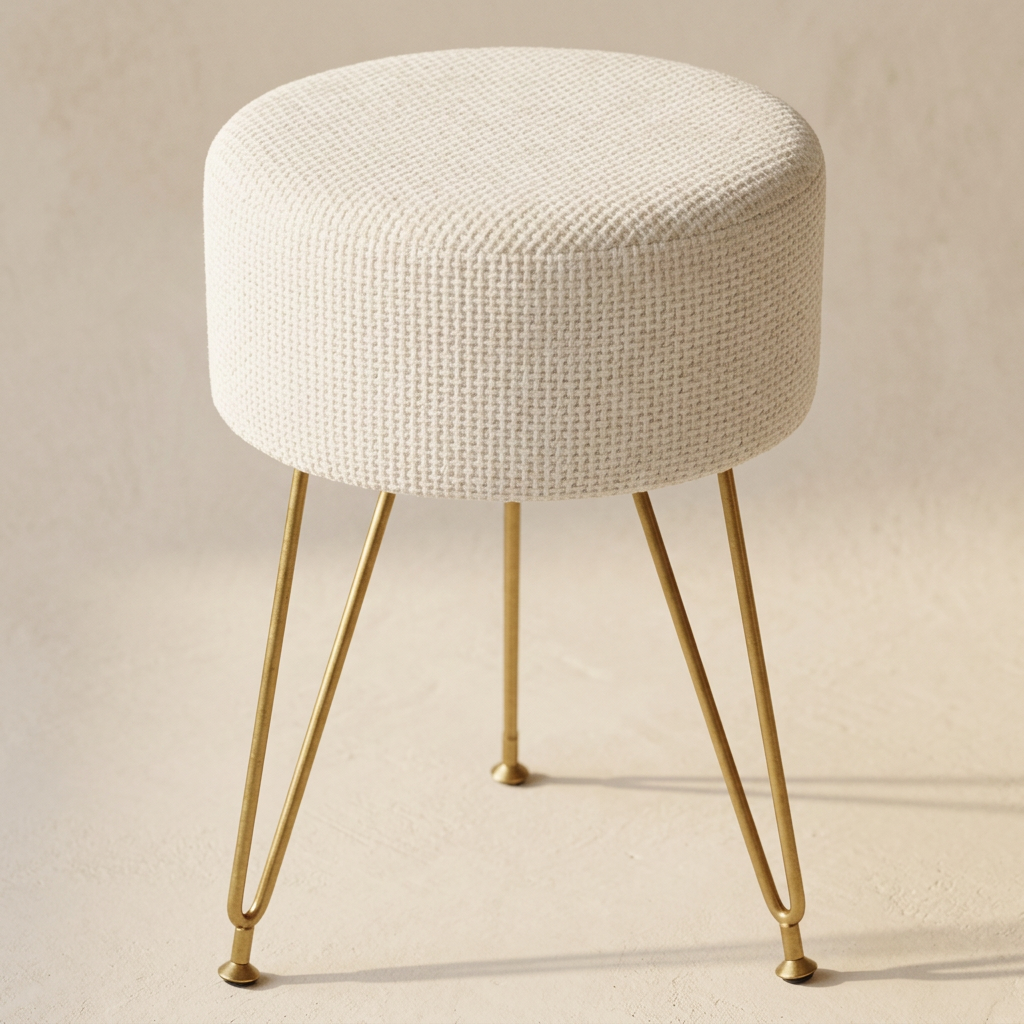 Spool round stool in chalk basketweave on four slim brass legs, on warm cream plaster