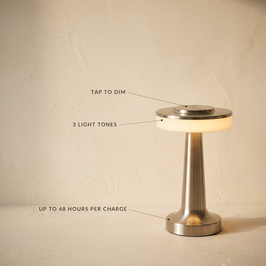 Stem lamp with labels: tap to dim, three light tones, up to 48 hours per charge