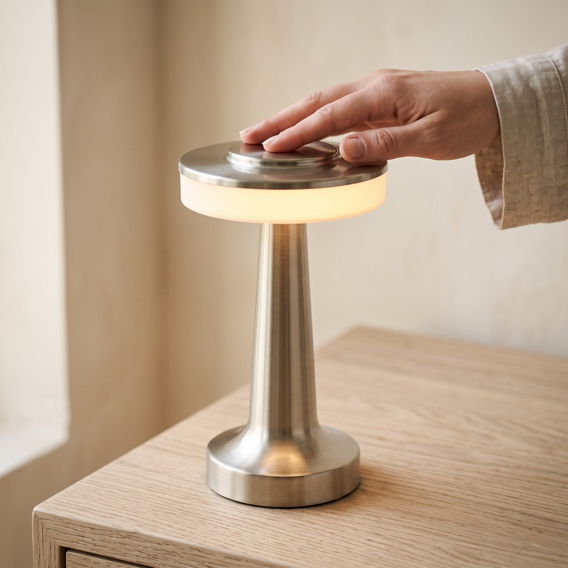 A hand tapping the disc top of the Stem lamp to dim it