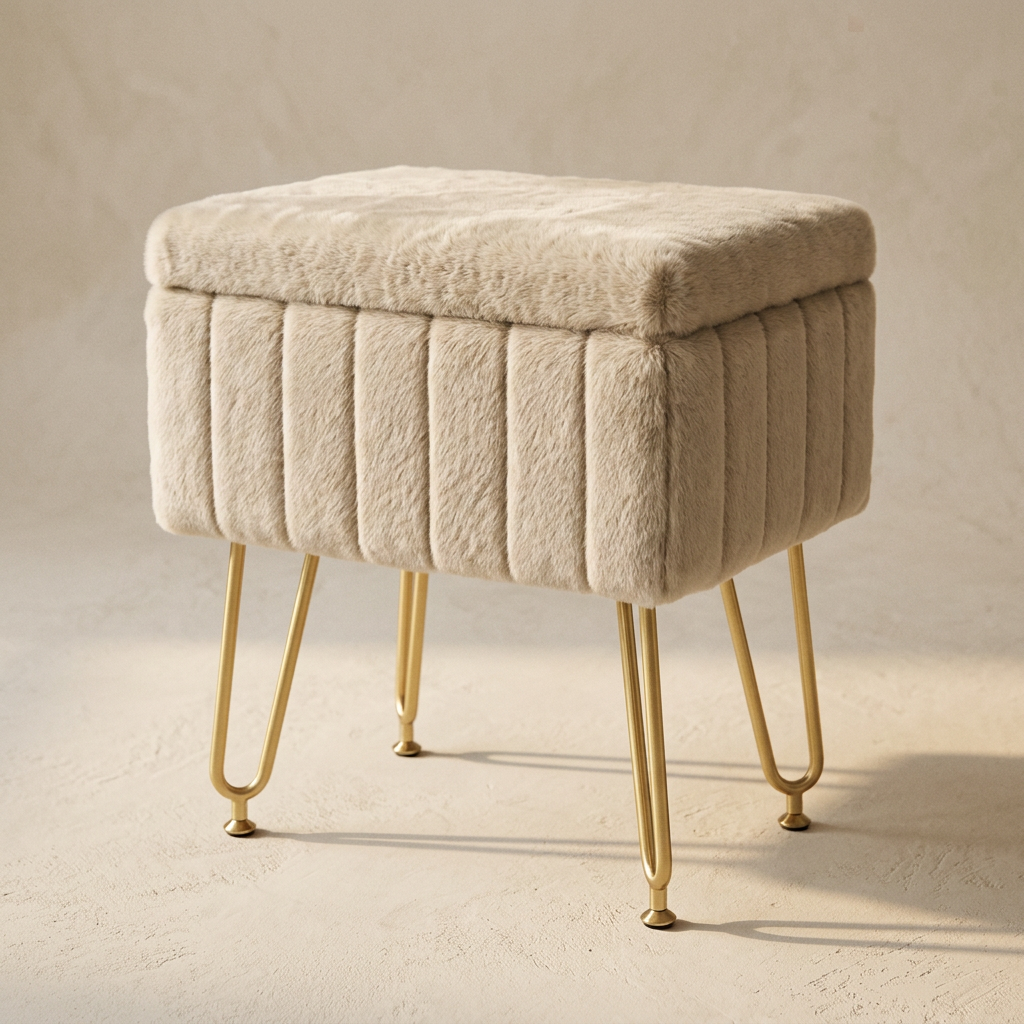 Stow vanity stool in oat faux fur on slim brass legs, closed, on warm cream plaster