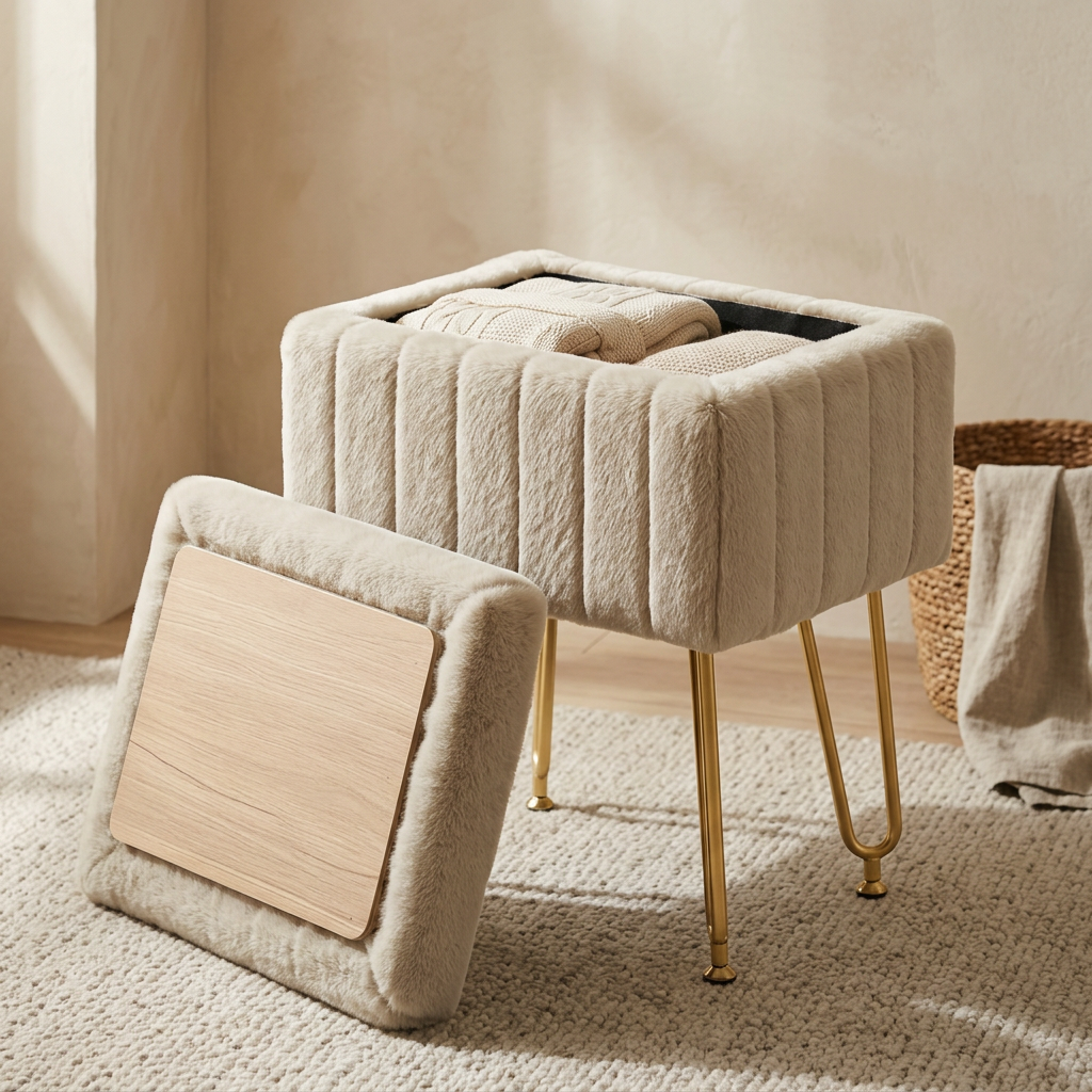 Stow with its lid lifted off and leaning against the base, folded knitwear inside
