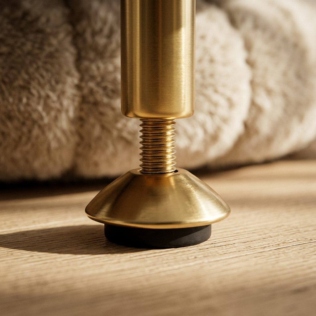 Close view of the threaded brass adjuster and black anti-slip pad at the foot of a leg