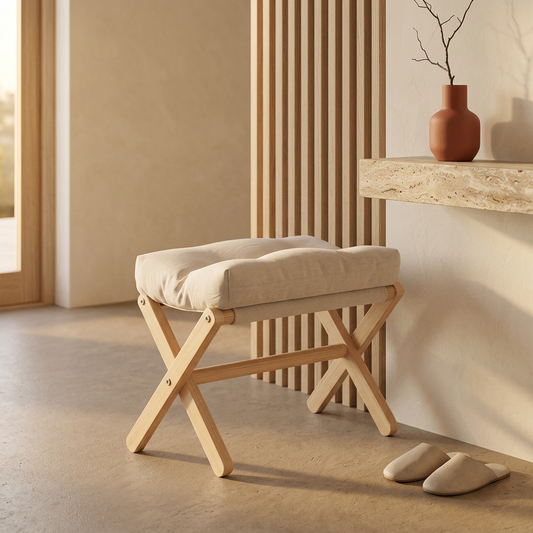 Threshold stool standing in a calm entrance hall beside a stone shelf and slippers