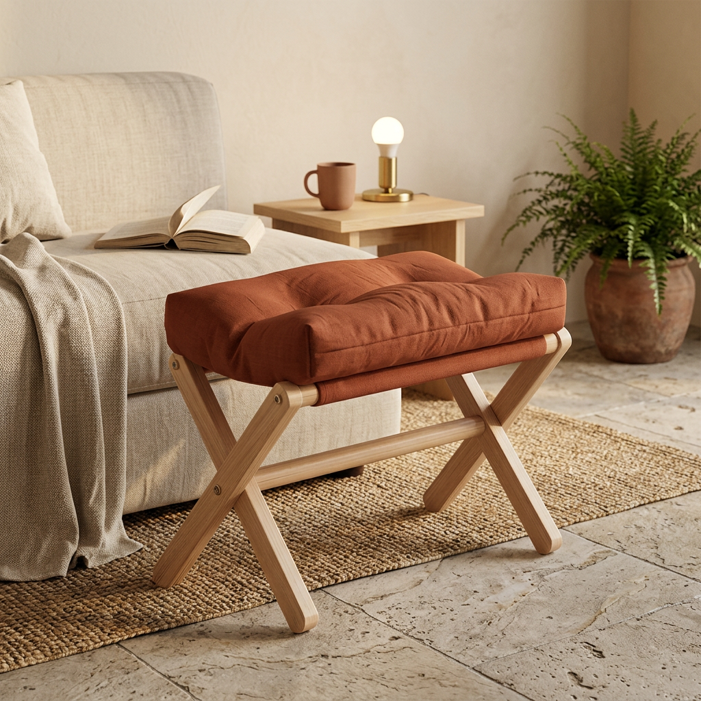 Threshold stool in clay used as a footstool in front of a low linen sofa