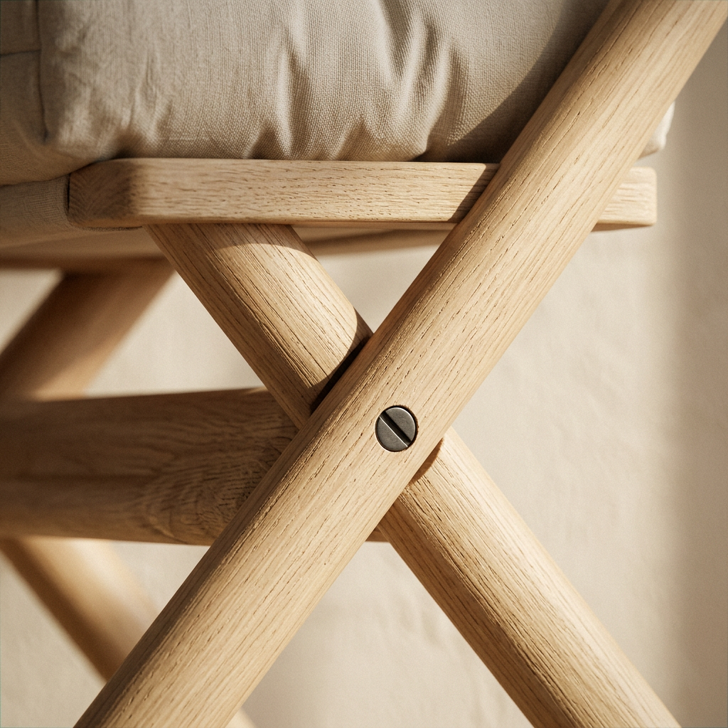 Close view of the pivot screw where the two wooden legs cross