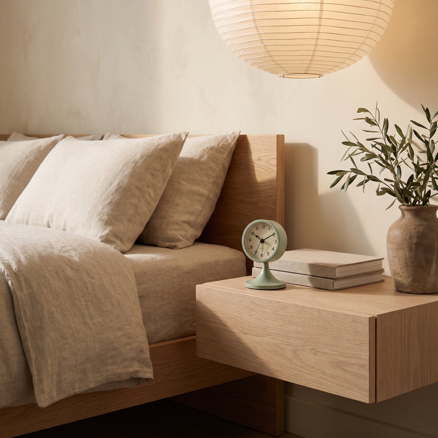 Sage Tock™ clock on a floating oak nightstand in a Japandi bedroom