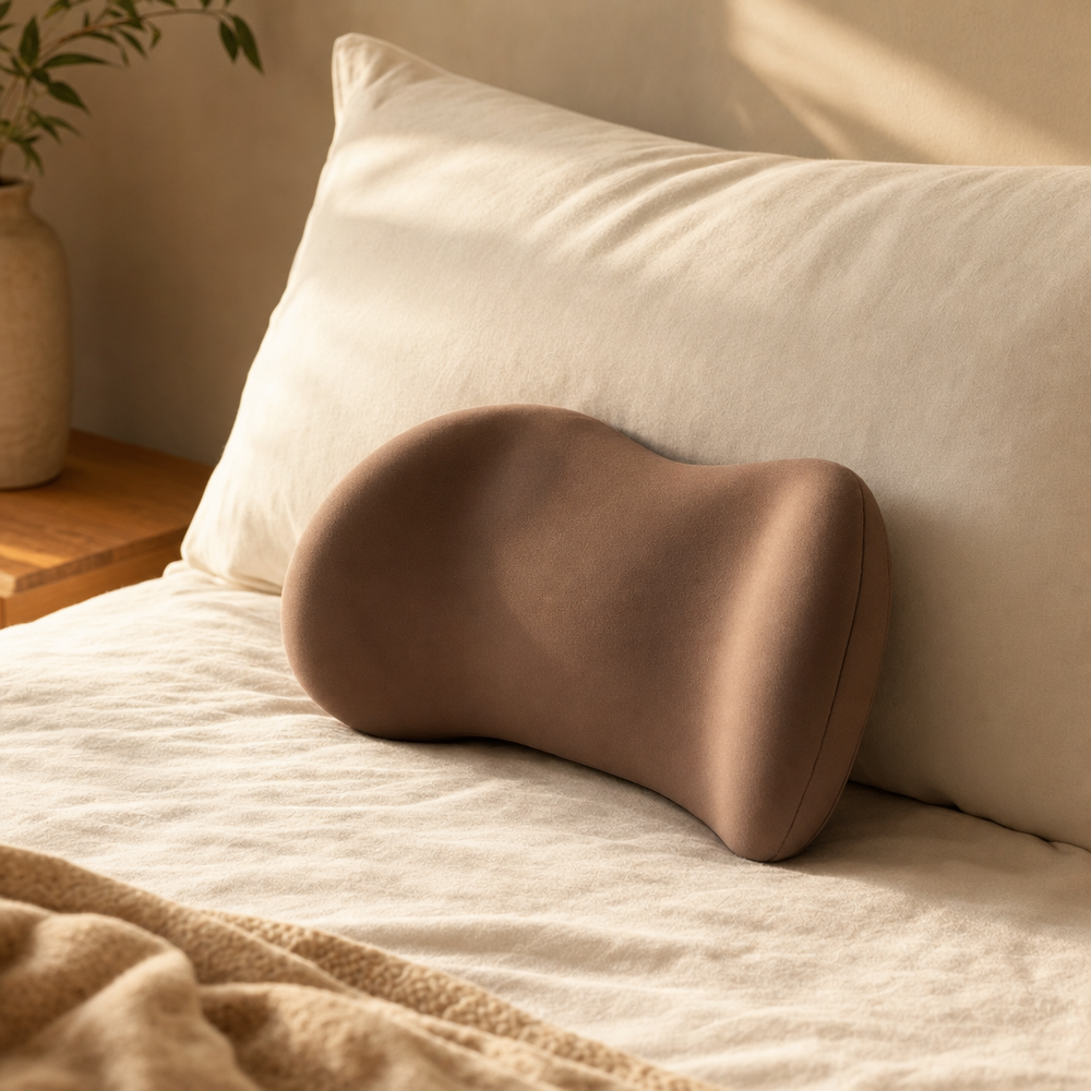 Kopflo Arch lumbar pillow beside a standard pillow showing its compact low profile