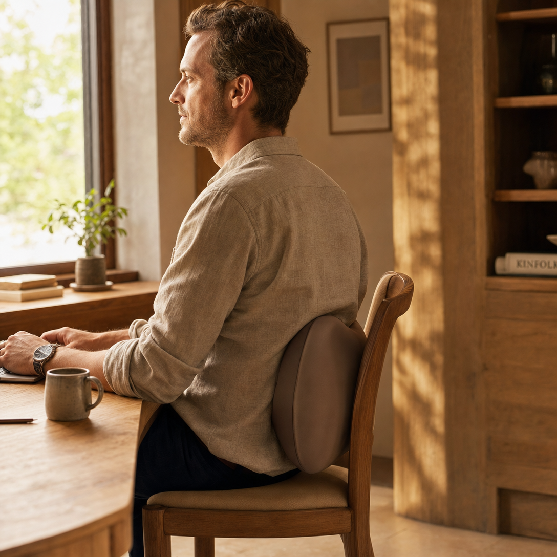 Man working at a desk with the Kopflo Arch supporting his lower back