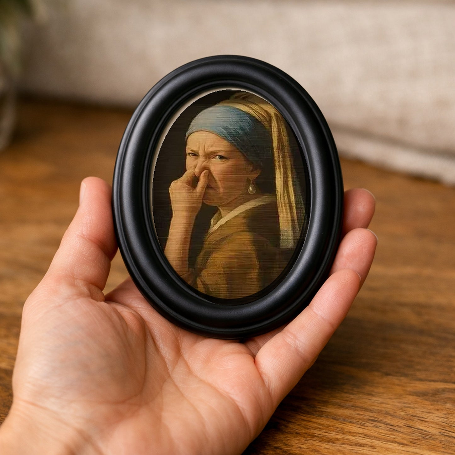 Wry Mini Portrait held in an open palm, showing how small it is